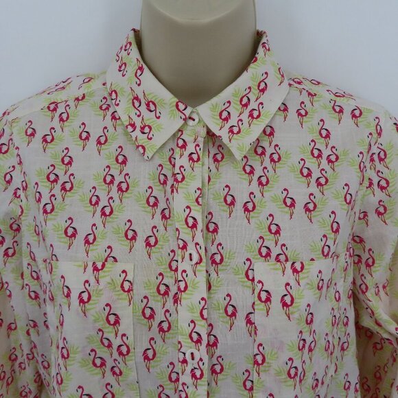 Foxcroft Women 6 Pink Flamingo Green Palm Leaf Collared Button Shirt Top Blouse - Picture 2 of 12